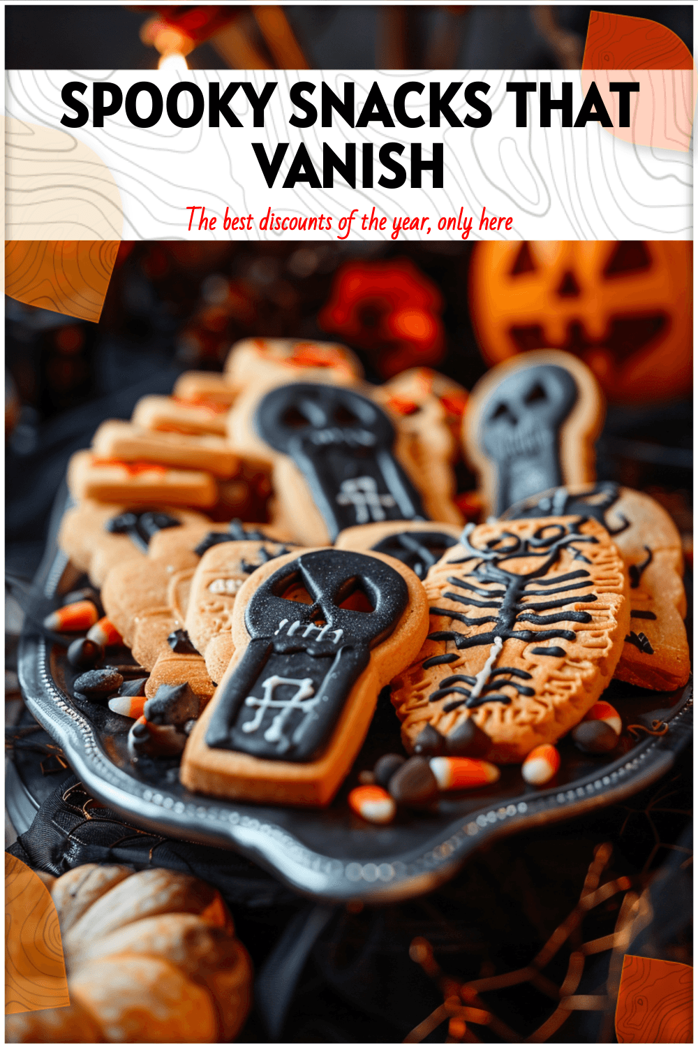 Close-up of spooky party food ideas arranged as graveyard themed snacks with festive Halloween shapes. 2